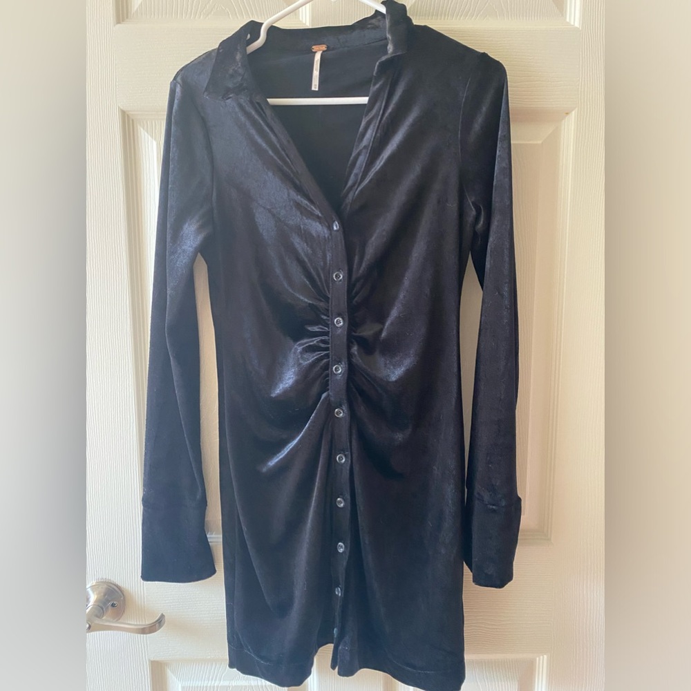 Free People Velvet Button Up Dress Black Long Sleeve